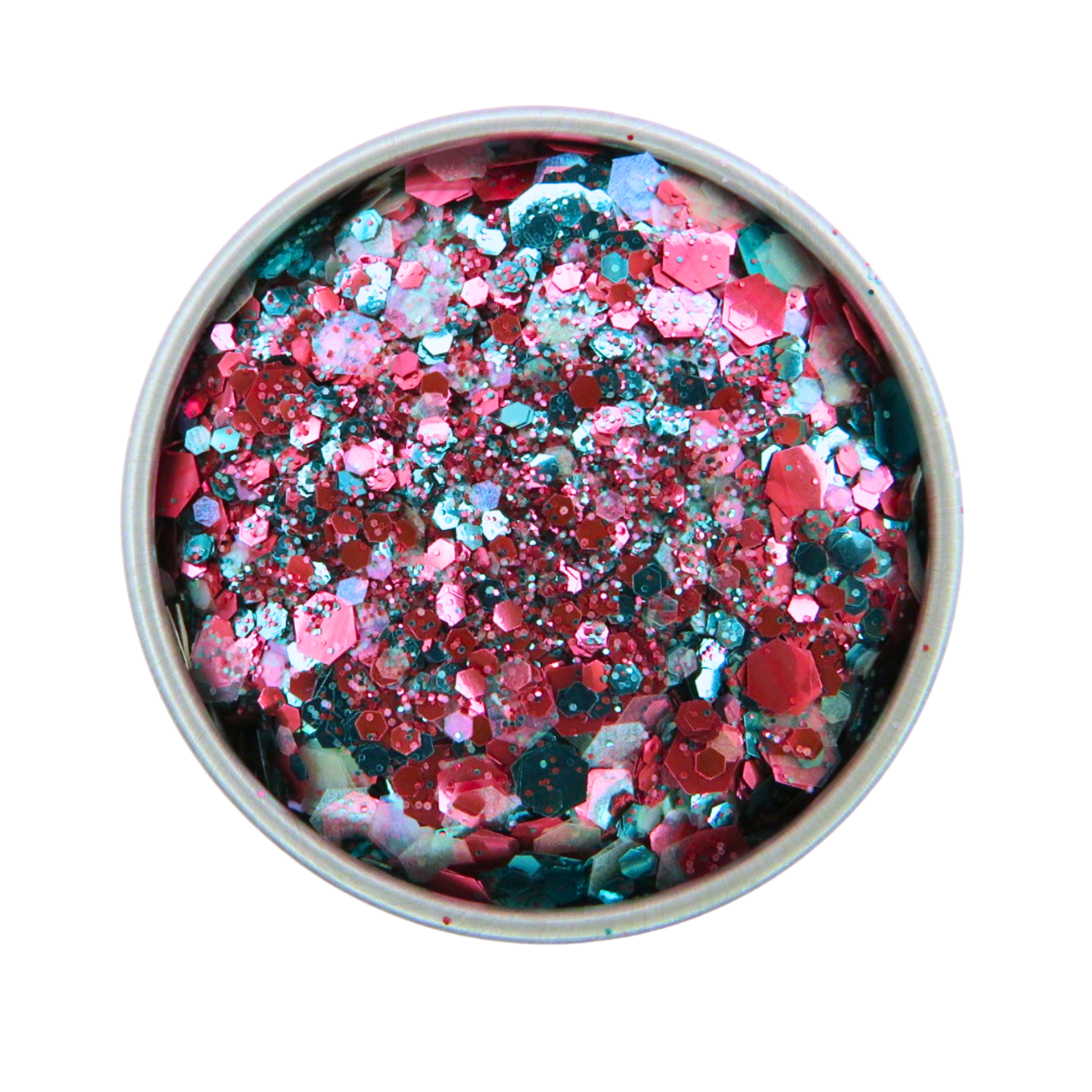Colorful glitter mix in a round container on a white background