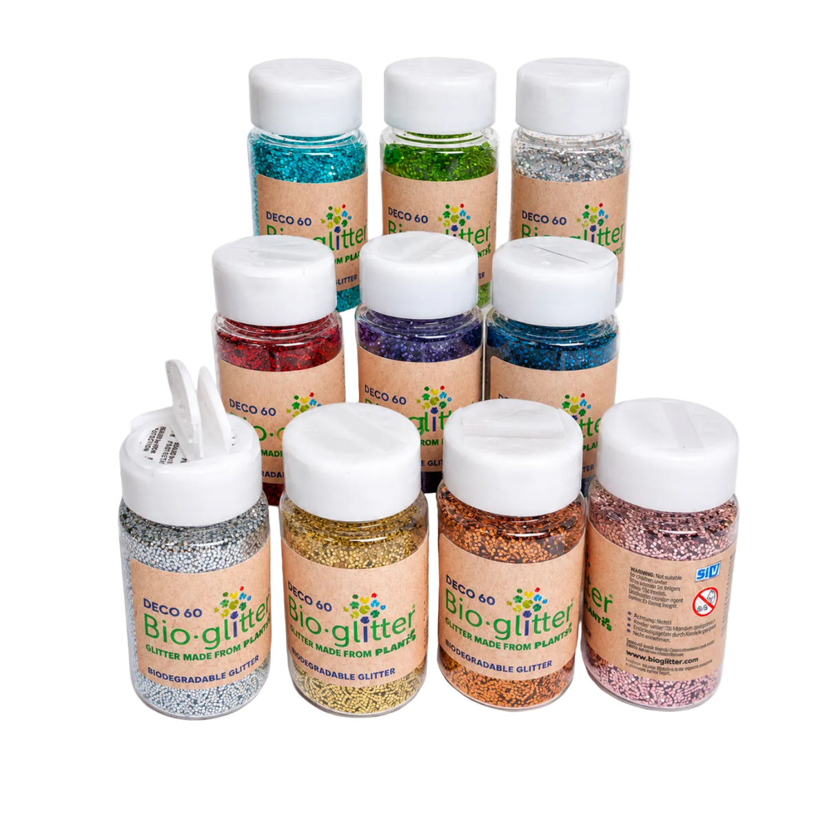 Eight small jars of craft Bioglitter in various colours, arranged on a plain white background. The jars have white screw caps, tan labels, and are filled with different coloured glitter.