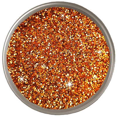 Close-up of vibrant orange craft glitter with a shimmering metallic finish.