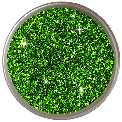 Close-up of vibrant green craft glitter with a sparkling metallic finish.