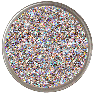 Close-up of holographic craft glitter with silver sparkle and multicoloured rainbow reflections.
