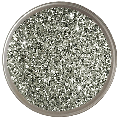 Close-up of bright silver craft glitter with a highly reflective metallic sparkle.