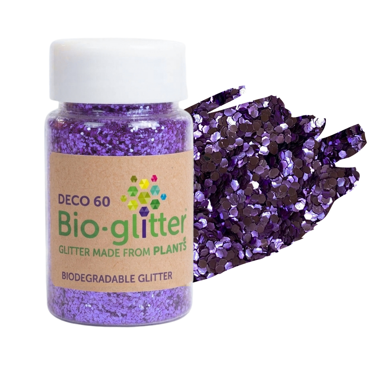 A jar of purple chunky craft Bio-glitter with a white cap and a kraft paper label, shown next to a pile of loose purple glitter on a white background.
