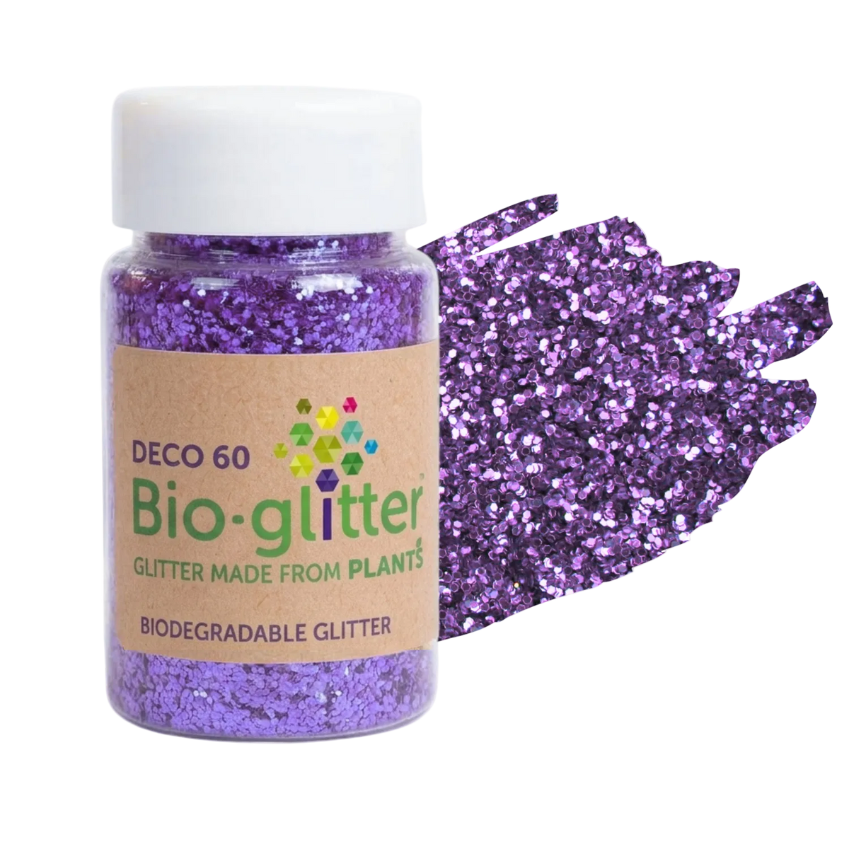 A jar of purple craft bio-glitter with a white cap. There is a swatch of purple glitter next to the jar.