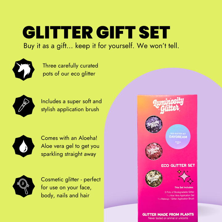 Daydream Festival Glitter Set contents and features infographic