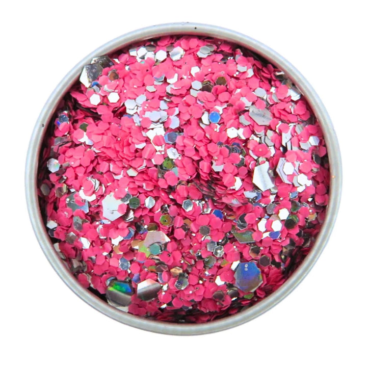 Close-up of Disco Mingo Chunky Glitter Mix, biodegradable cosmetic glitter by Luminosity Glitter