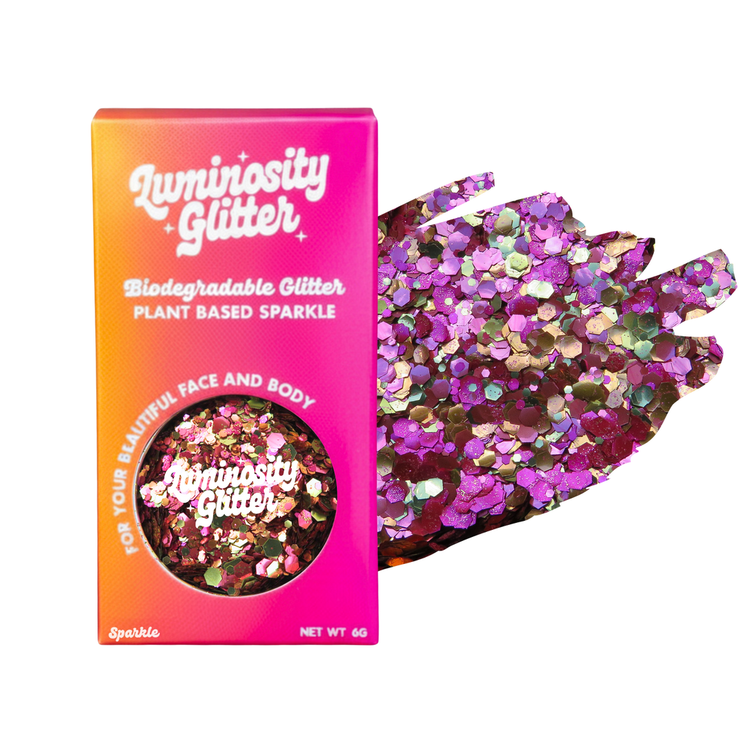 Luminosity Glitter packaging with biodegradable and plant-based sparkle on a white background