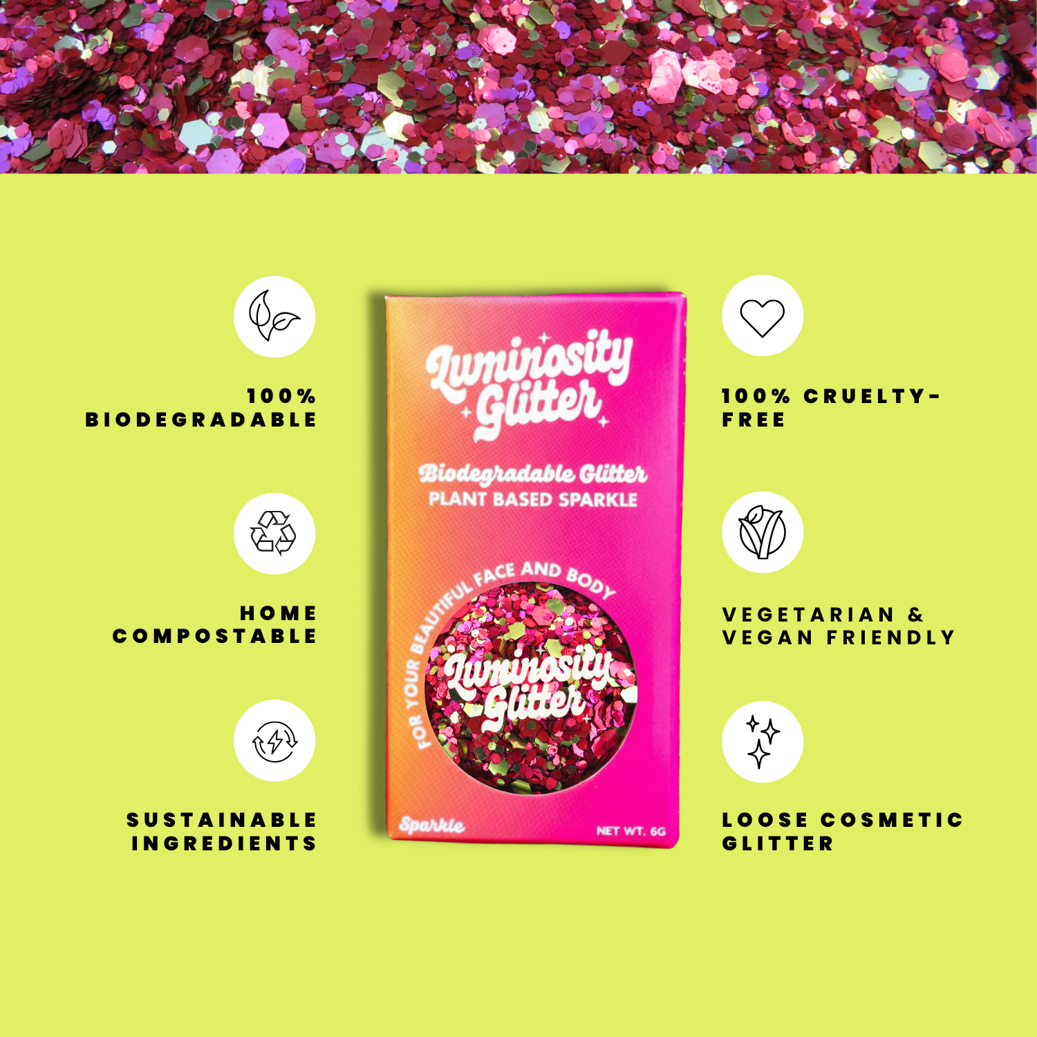 Luminiosity Glitter packaging with sustainability features on a green background