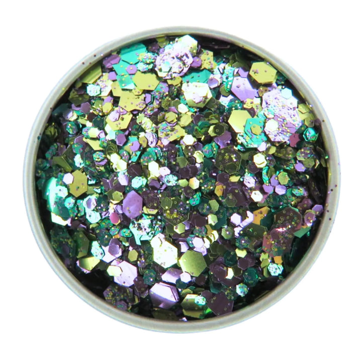 Close-up of Dragonfly Festival Glitter Mix, biodegradable cosmetic glitter by Luminosity Glitter