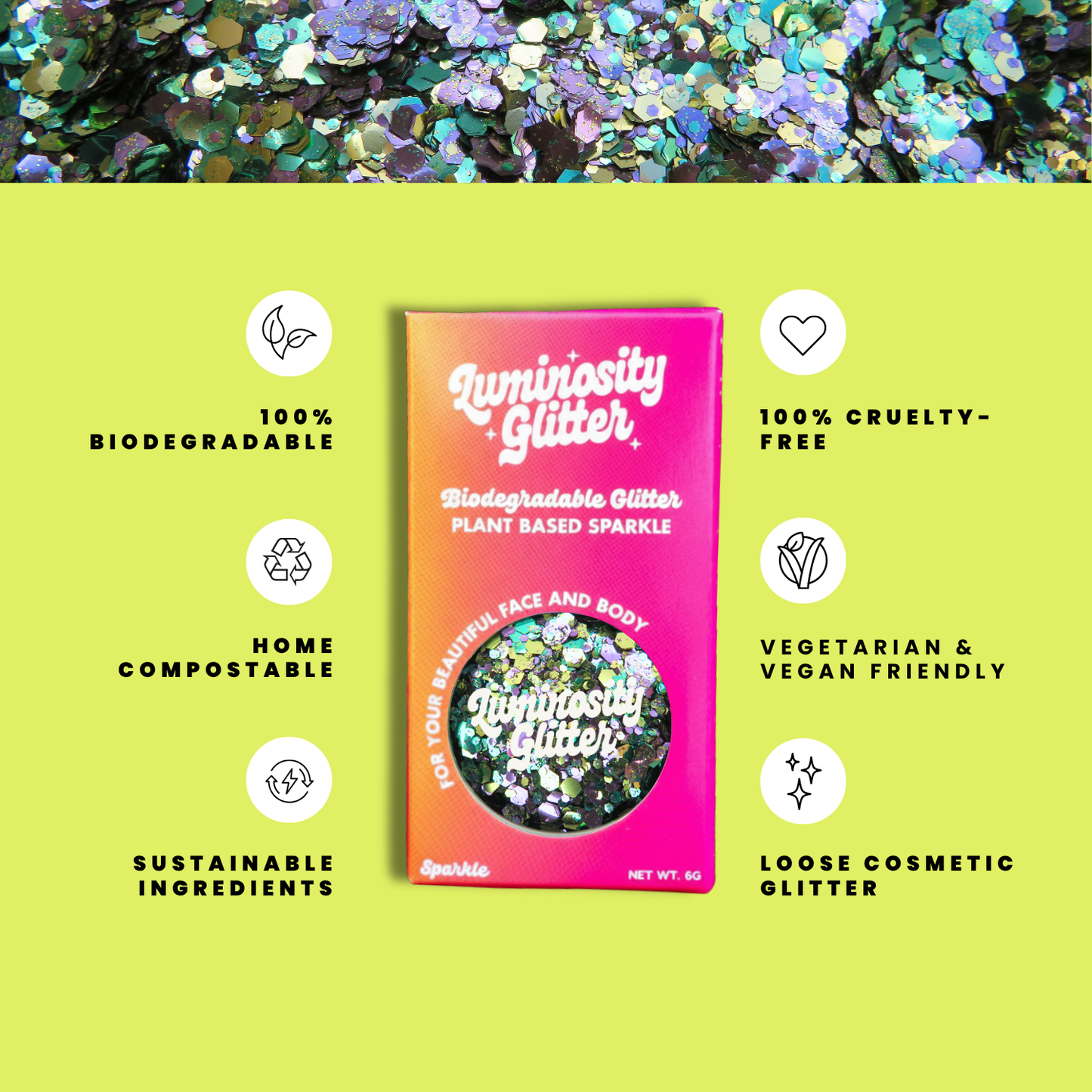 Luminosity Glitter packaging with sustainability features on a green background