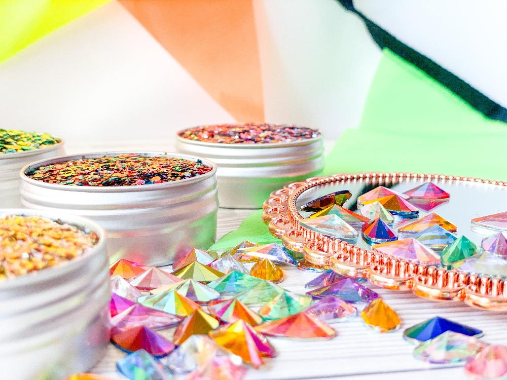 Loose Face gems and eco glitter in pots