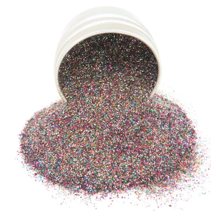 Fairy dust biodegradable glitter makeup pouring out of a 6 gram aluminium tin.