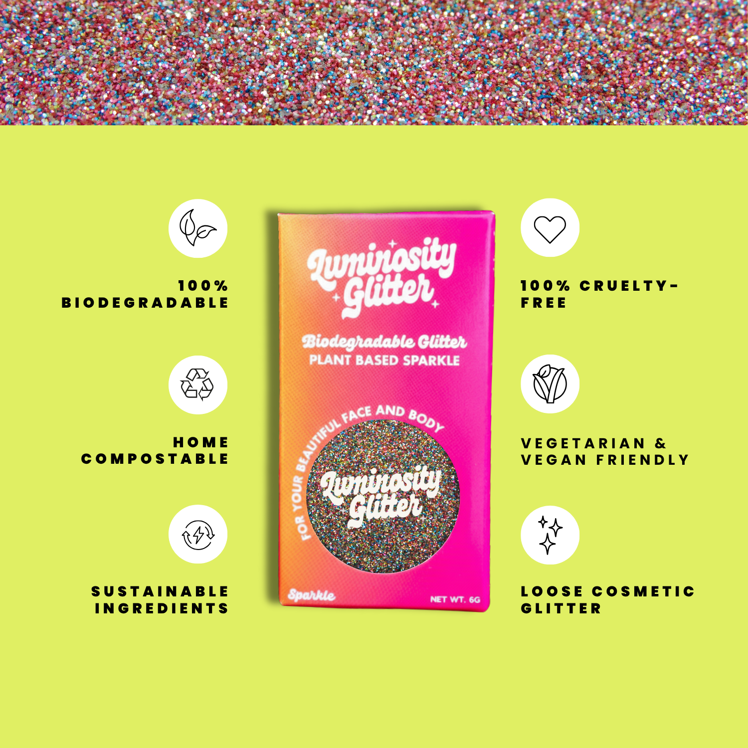 Luminosity Glitter packaging with sustainability features on a green background
