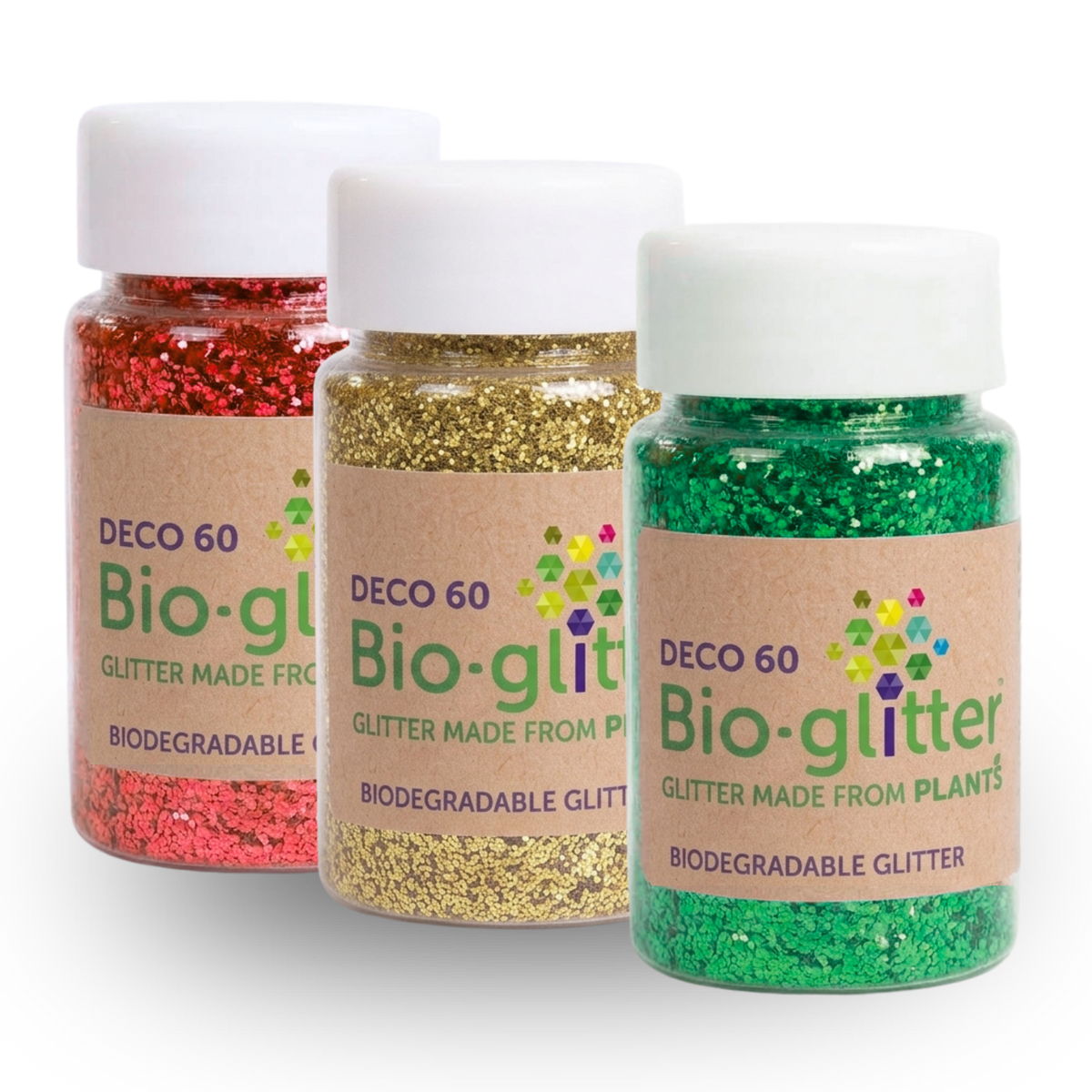 Three small jars of Bio-glitter by DECO 60 on a white background, showing red, gold, and green glitter. The labels read 'DECO 60 Bio-glitter GLITTER MADE FROM PLANTS' and 'BIODEGRADABLE GLITTER'.