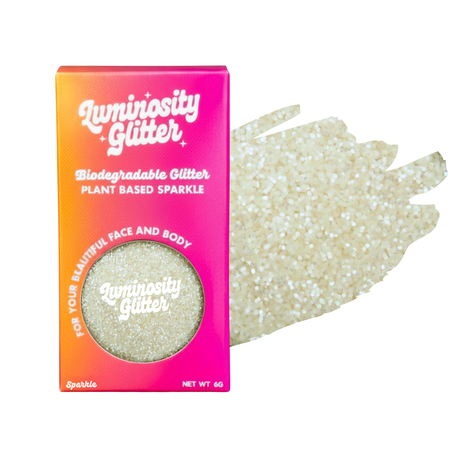Luminosity Glitter packaging with biodegradable and plant-based sparkle on a white background