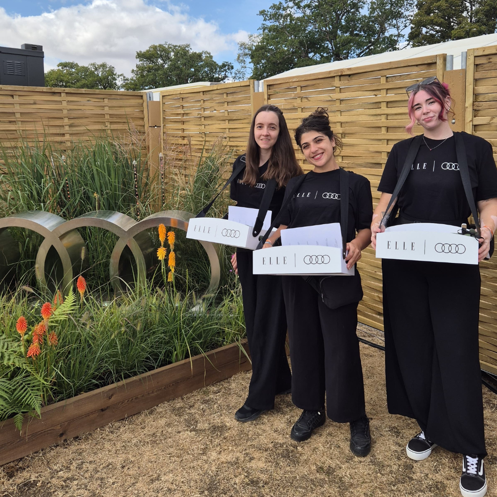 Three women standing outdoors in front of a wooden slat fence, each holding a white box printed with the brand name 'ELLE' and the Audi four-ring logo. They are dressed in matching black outfits.