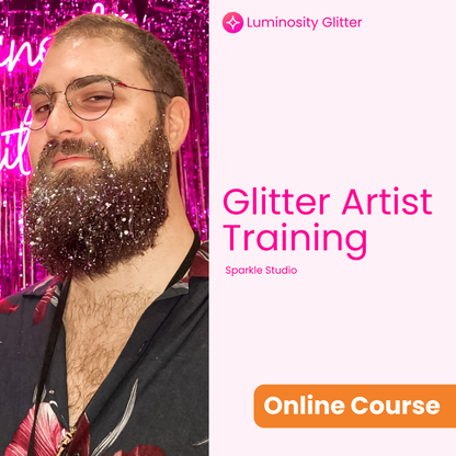 Man with glittery beard in front of pink glittery background with 'Luminosity Glitter' branding and text about glitter artist training.