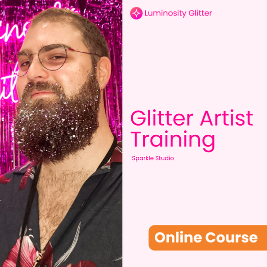 Man with glittery beard in front of pink glittery background with 'Luminosity Glitter' branding and text about glitter artist training.