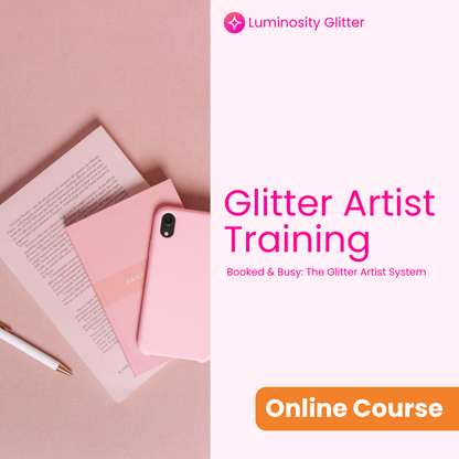 Pink phone on a pink surface with 'Luminosity Glitter' branding and text about glitter artist training.