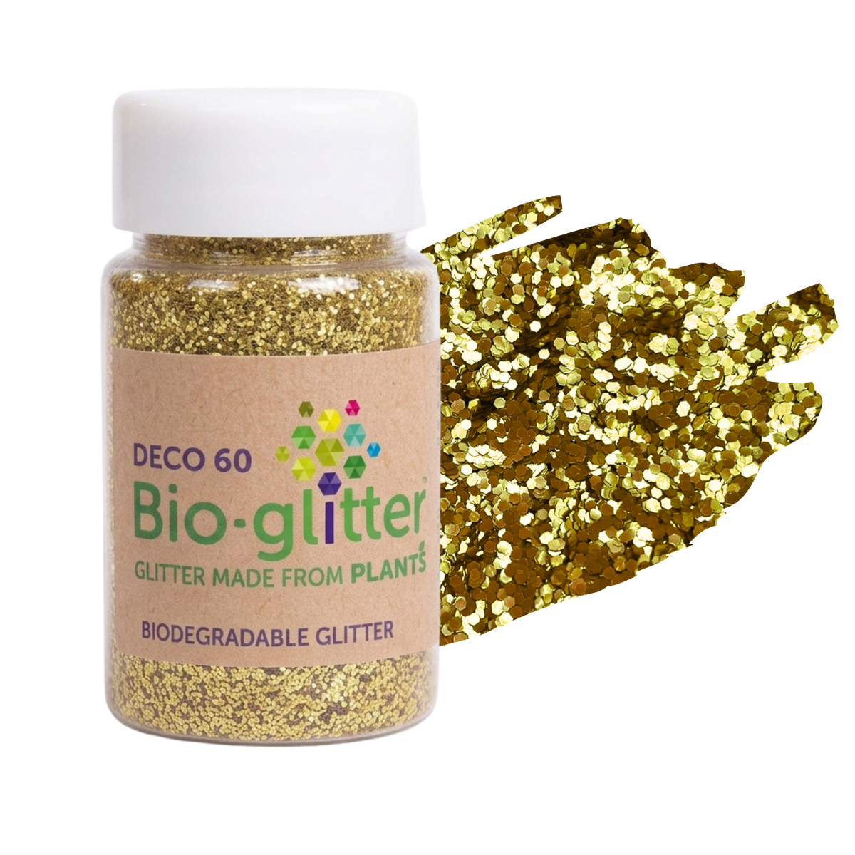 A bottle of chunky craft Bio-glitter DEC0 60 biodegradable glitter with a white cap and a kraft paper label, shown next to a textured swatch of gold glitter on a white background.
