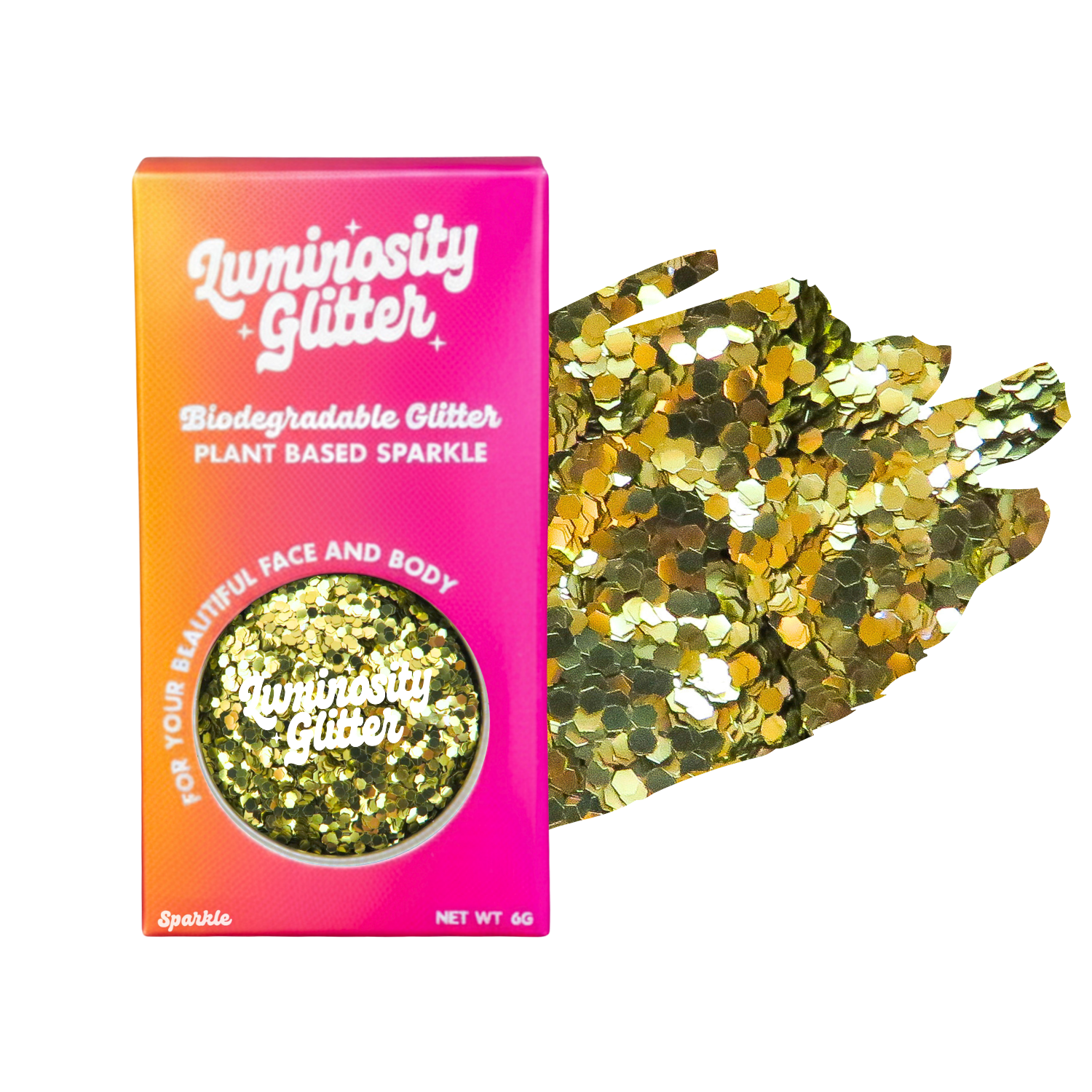 Luminosity Glitter packaging with gold glitter on a white background