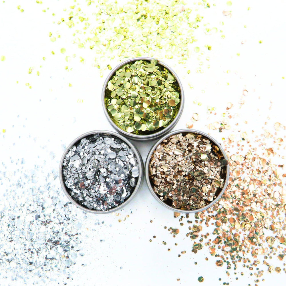 Gold digger set of gold, silver and rose gold biodegradable glitter blends for use on your face and body.