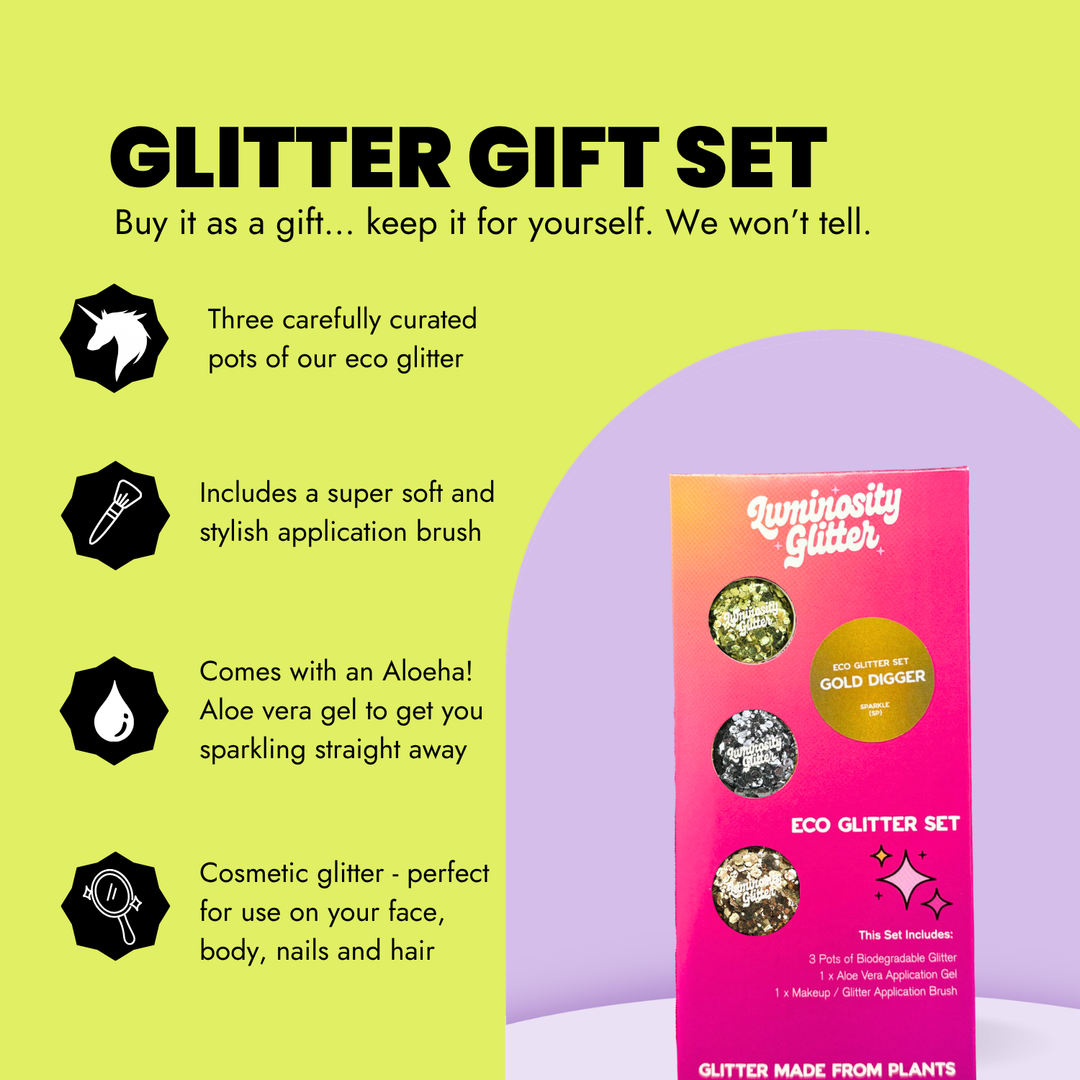Gold Digger Festival Glitter Set contents and features infographic