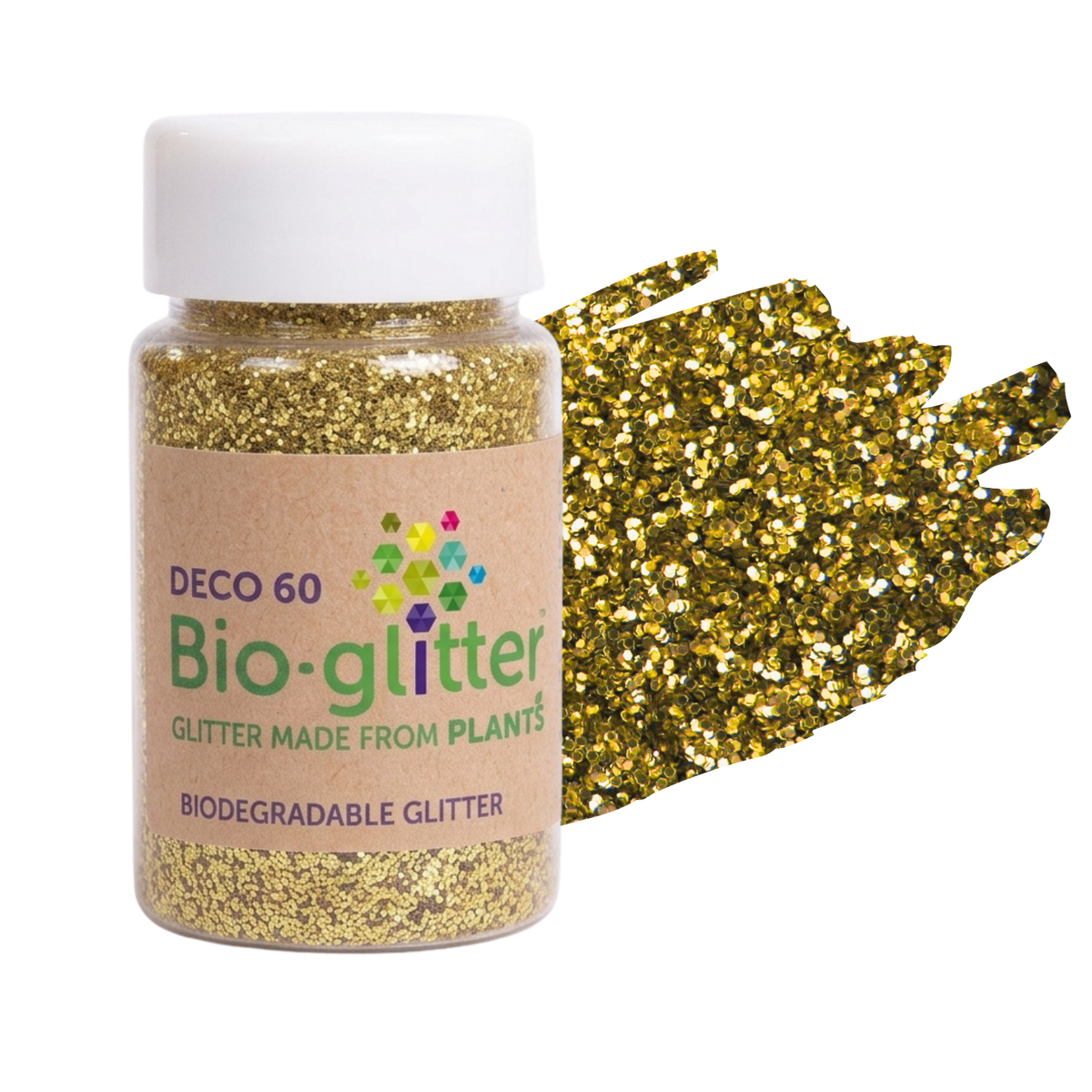 A bottle of craft Bio-glitter DEC0 60 biodegradable glitter with a white cap and kraft paper label, shown next to a textured gold glitter swatch on a white background.