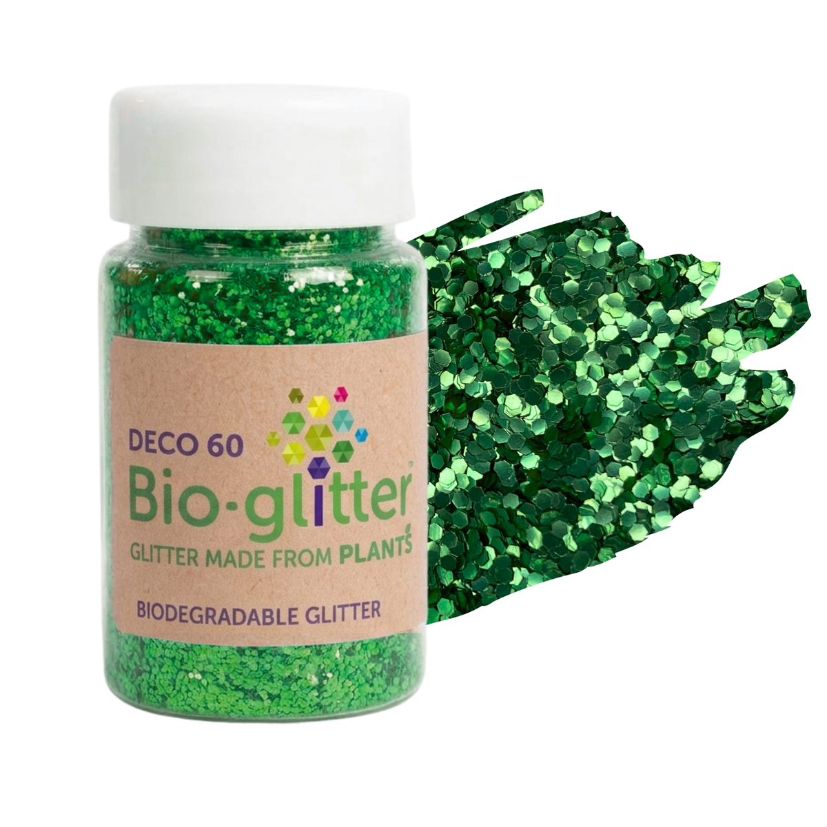 A bottle of green Bio-glitter with a white cap and a kraft paper label, shown next to a textured pile of green glitter on a white background.