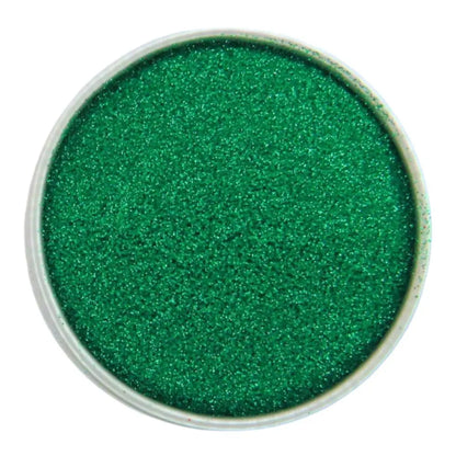 green ultra fine eco glitter in a round aluminium pot