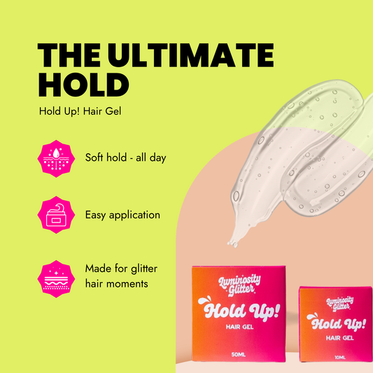 Advertisement for Hold Up! Hair Gel with product packaging and application on skin.