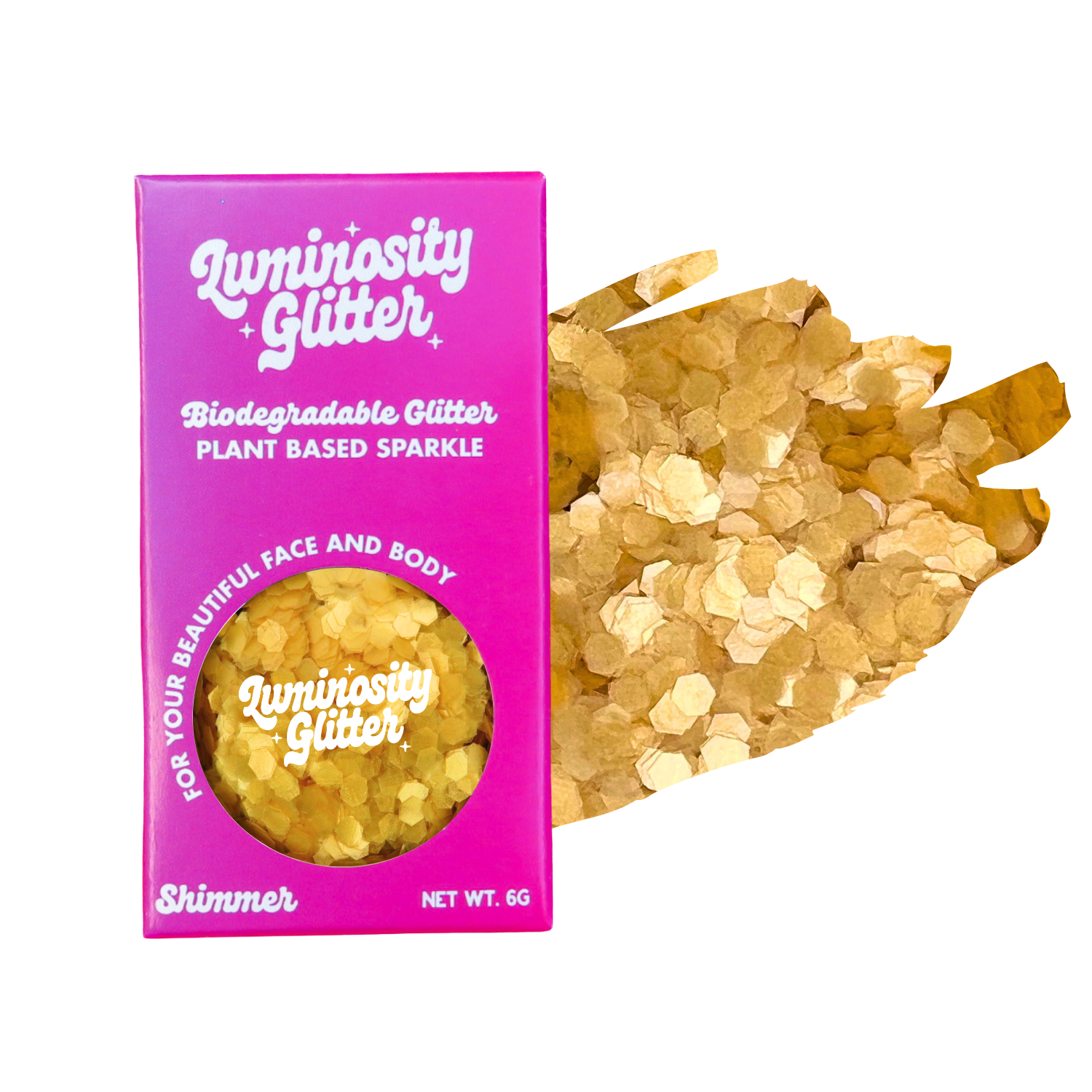 Luminosity Glitter packaging with gold glitter on a white background