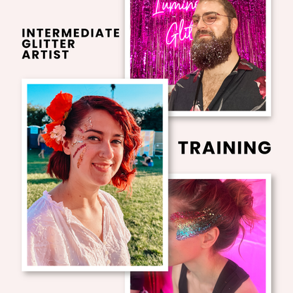 Promotional collage for an intermediate glitter artist training program, featuring text reading 'INTERMEDIATE GLITTER ARTIST' and 'TRAINING' alongside three photos of models showcasing glitter face paint, hair accessories, and glitter on a pink glitter backdrop.