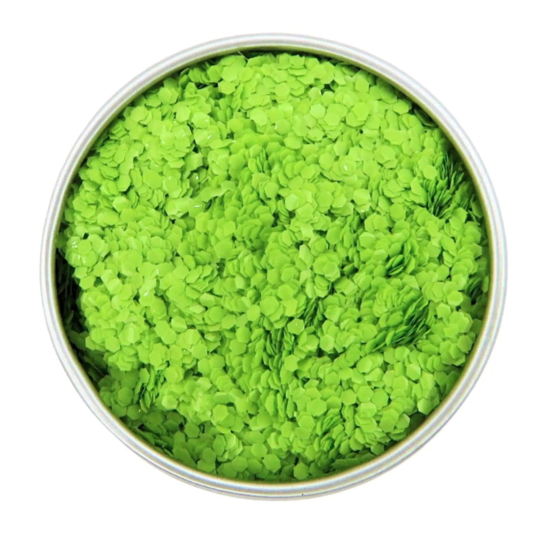 Close-up of Lime Green Opaque Chunky Glitter, biodegradable cosmetic glitter by Luminosity Glitter