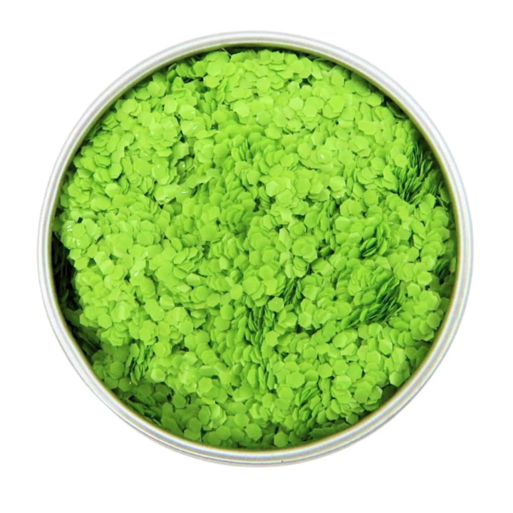 Close-up of Lime Green Opaque Chunky Glitter, biodegradable cosmetic glitter by Luminosity Glitter