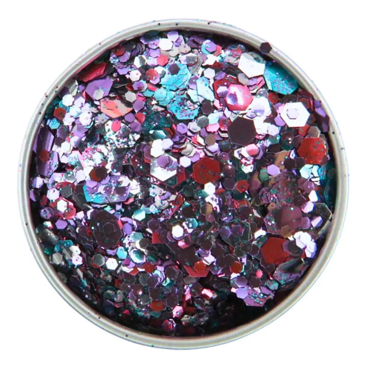 Close-up of Lyra Festival Glitter Mix, biodegradable cosmetic glitter by Luminosity Glitter