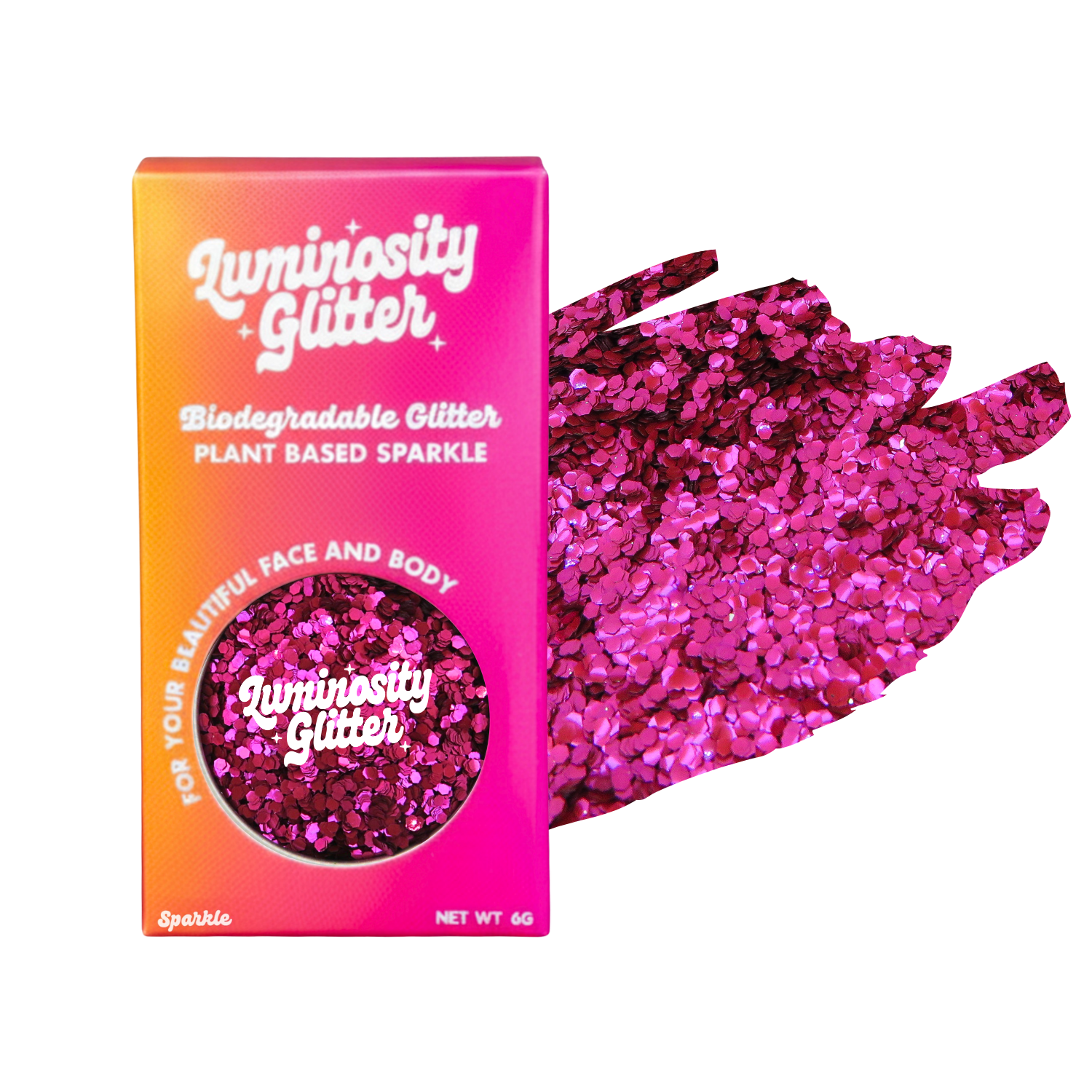 Luminosity Glitter packaging with pink glitter on a white background