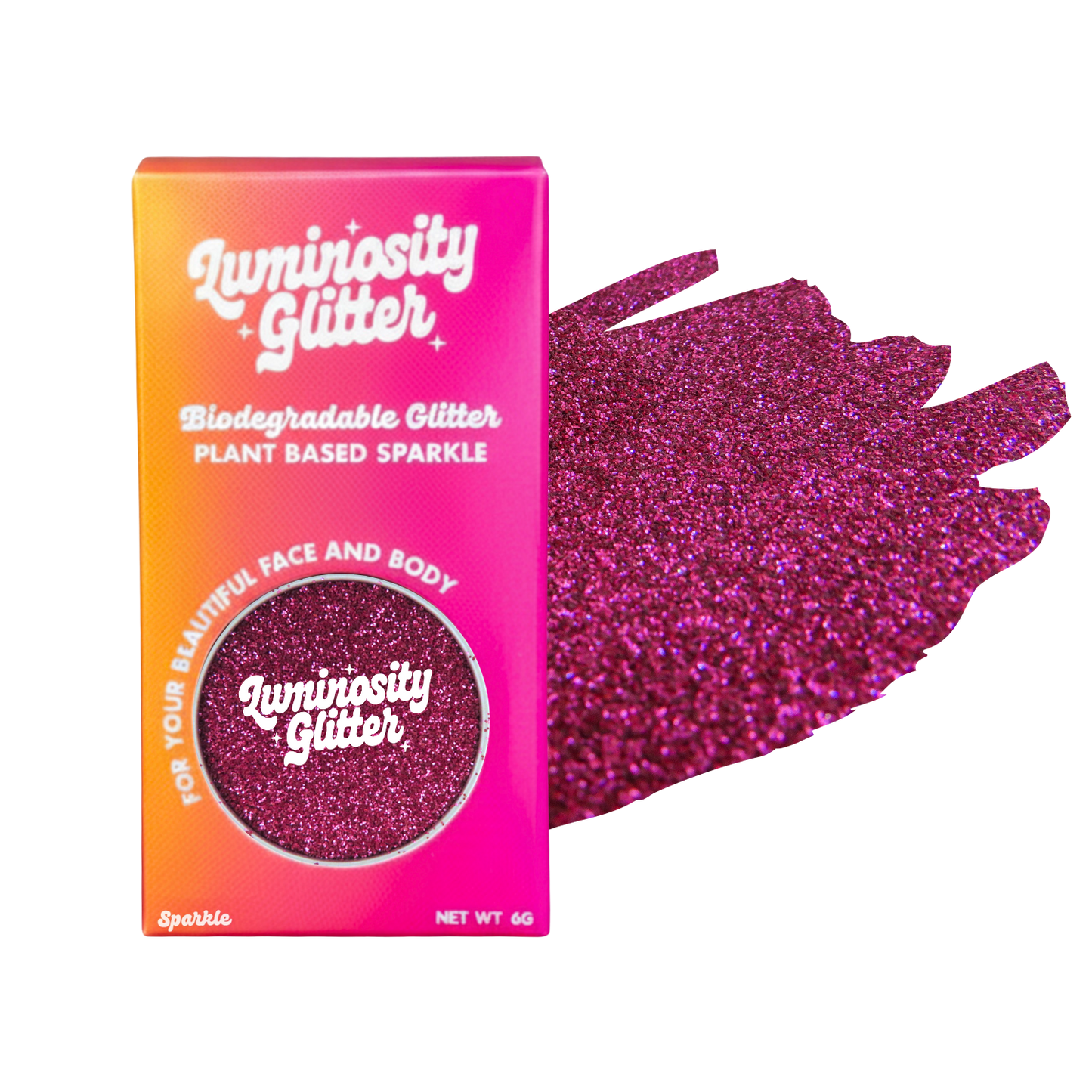 Luminosity Glitter packaging with pink glittery hand for product display