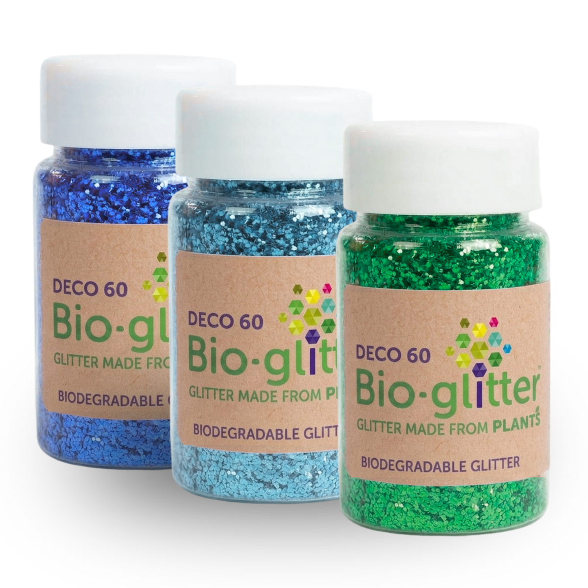 Three jars of Bio-glitter decorative glitter on a white background, featuring blue, light blue, and green glitter in clear jars with white caps and brown paper labels.