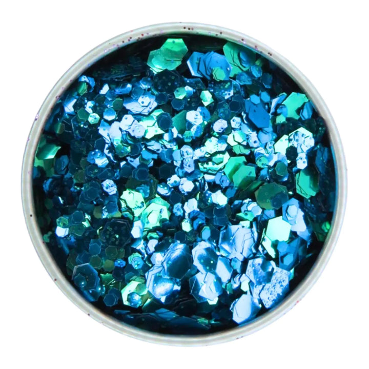 Close-up of Ocean Festival Glitter Mix, biodegradable cosmetic glitter by Luminosity Glitter