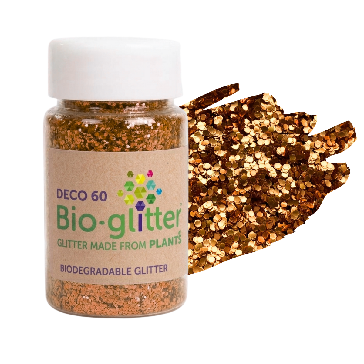 A small clear plastic jar of chunky craft Bio-glitter with a white cap and a kraft paper label, shown next to a large pile of gold-coloured biodegradable glitter on a white background.