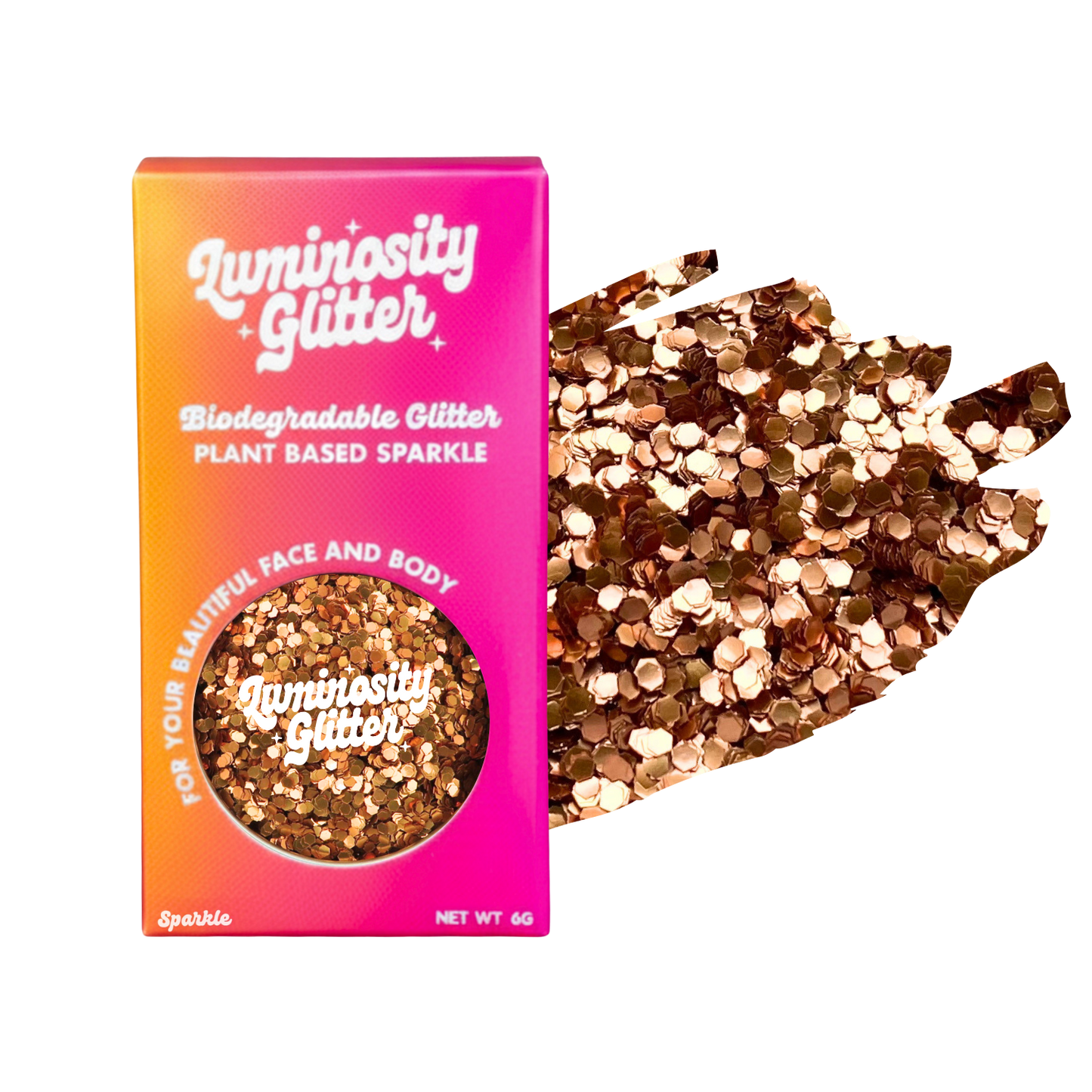 Luminosity Glitter packaging with biodegradable glitter on a white background