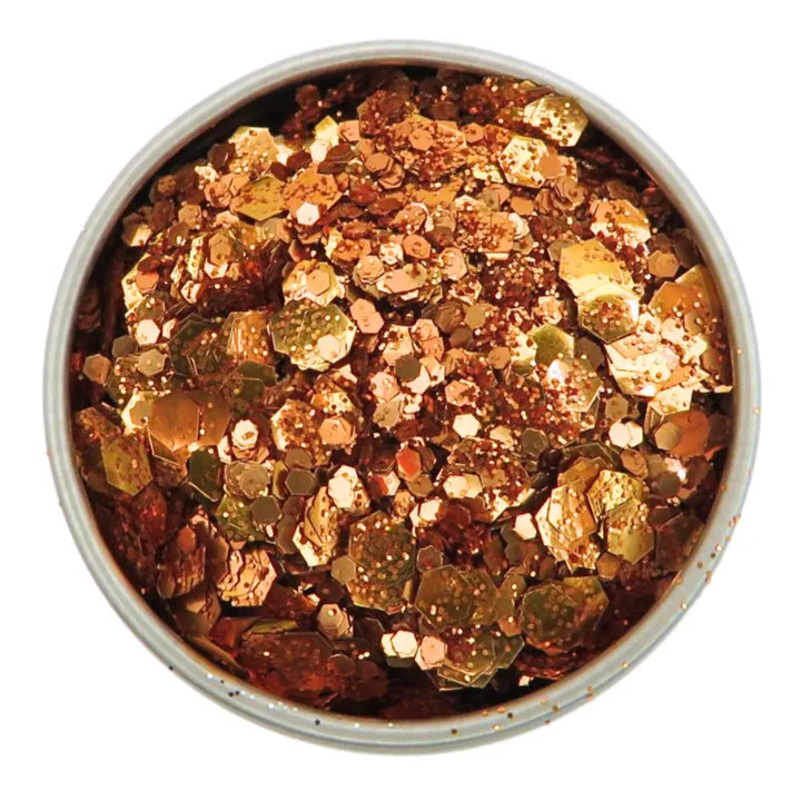 Close-up of Orange Fizz Glitter Blend, biodegradable cosmetic glitter by Luminosity Glitter