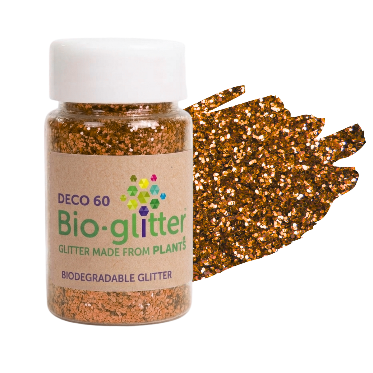 A jar of craft Bio-glitter labeled 'DECO 60' with a white cap and kraft paper label, shown next to a textured swatch of reflective bronze-brown glitter on a white background.