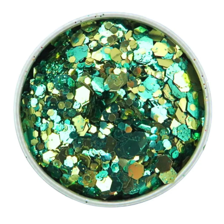 Close-up of Golden Palm Festival Glitter Mix, biodegradable cosmetic glitter by Luminosity Glitter