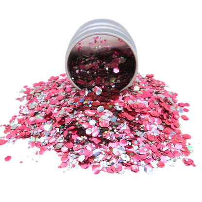 Pink flamingo blend of holographic silver and rose pink biodegradable glitter in a round 6 gram aluminium tin.