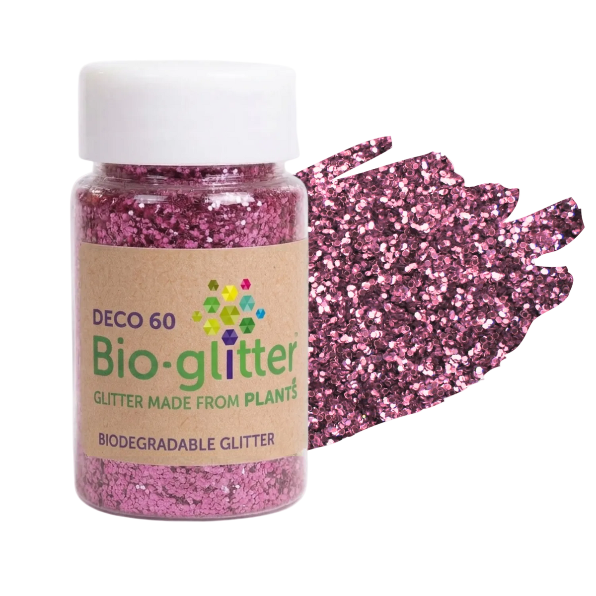 A jar of pink craft Bio-glitter with a white cap and a kraft paper label, shown next to a textured swatch of the pink glitter on a white background.