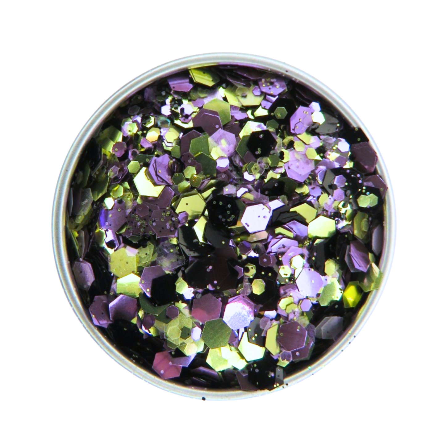 Round container of multicolored glitter on a white background