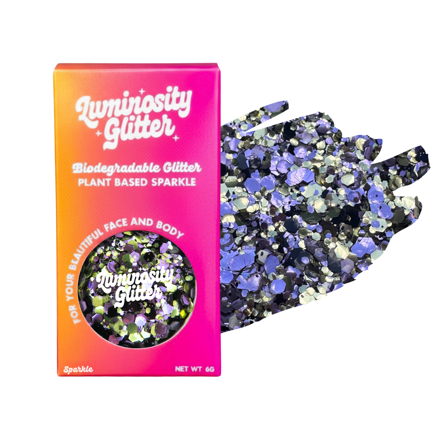 Luminosity Glitter packaging with biodegradable and plant-based sparkle on a white background