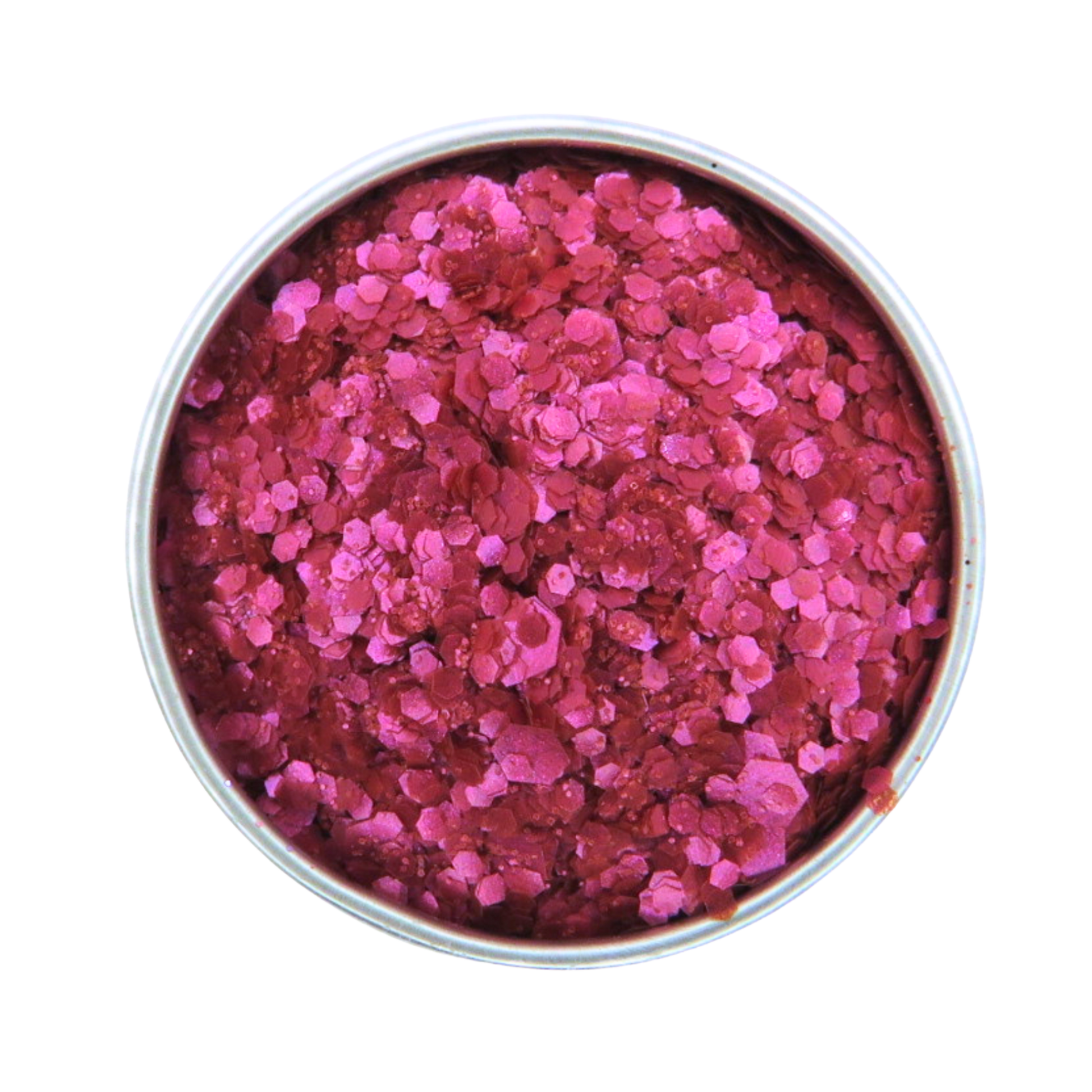 Pink glitter in a round container on a white background